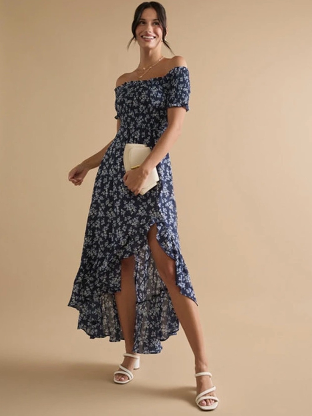 NWOT Francesca's Perdita Off Shoulder Floral Maxi Dress Navy & White Size XL